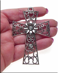 Large Filigree Flower Cross with Crystals Necklace