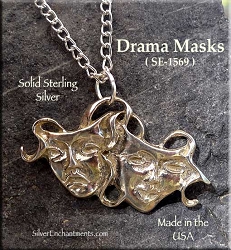Medieval Comedy-Tragedy Drama Pendant, Sterling Silver
