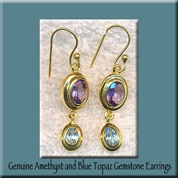 Gold Vermeil Earrings with Genuine Amethyst and Blue Topaz Earrings