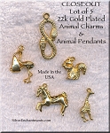 CLOSEOUT 22k Gold Plated Animal Charms and Pendants, Lot of 5