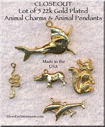 CLOSEOUT 22k Gold Plated Animal Charms and Pendants, Lot of 5