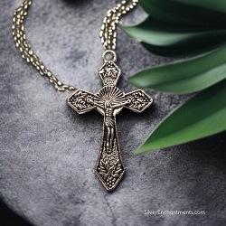 Silver Crucifix Necklace Grape Vine Catholic Cross Necklace