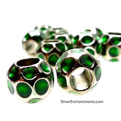 Silver with Green Enamel Large Hole Nugget Beads