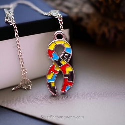 Silver Ribbon Puzzle Necklace with Multicolor Enamel