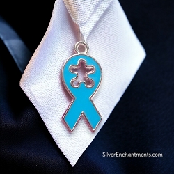 Light Blue Enameled Awareness Ribbon with Puzzle Necklace