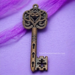 Copper Ornate Filigree Heart Top Key Pendant