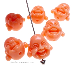 6 Coral Laughing Buddha Focal Pendant Beads