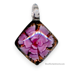 Bailed Pink Glass Flower Pendant on Black with Gold Confetti