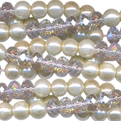 8mm Cream and Crystal AB Round Glass Pearls and Crystal Rondelle Beads
