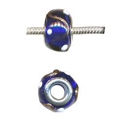 14mm Cobalt Blue with Metallic Ribbon and Dots Glass Large Hole Beads