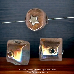 Two Tone Copper and Sterling Silver Fancy Puff Rondelle Beads with Star Accent