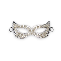Curved Mardi Gras Fantasy Mask Bracelet Jewelry Connector with White Glass Pearls 49x19mm