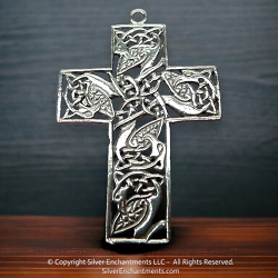 Sterling Silver Fancy Large Celtic Cross Pendant with Entwined Birds
