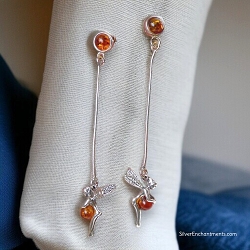 Sterling Silver and Baltic Amber Long Tinkerbell Earrings