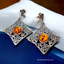 Sterling Silver and Baltic Amber Celtic Knot Earrings