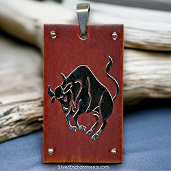 Large Wood and Steel Taurus Zodiac Bull Pendant