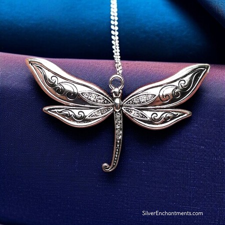 Large Silver Crystal Dragonfly Necklace 