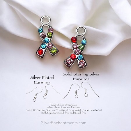 Silver Crystal Awareness Ribbon Earrings 