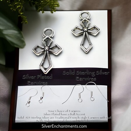 Silver Small Outlined Gothic Cross Earrings 