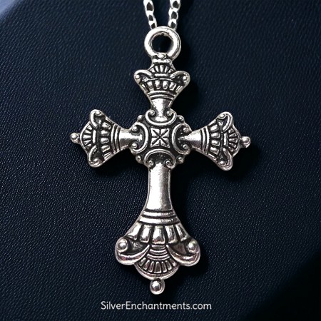 Silver Large Ornate Cross Necklace 