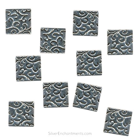 14mm Silver Fancy Square Beads with Vine Design 
