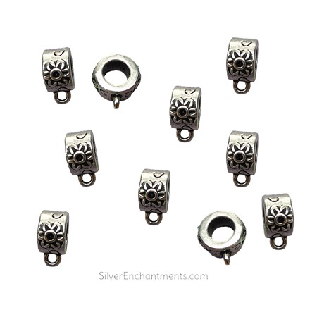 10 Silver Big Hole Bails with Flower 