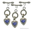 Silver Toggle Clasps with Sapphire Crystals Suspended Heart Charm 