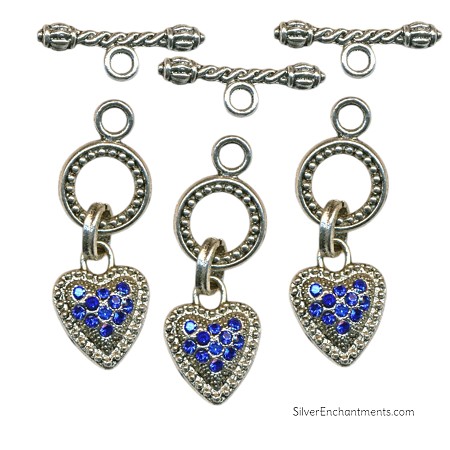 Silver Toggle Clasps with Sapphire Crystals Suspended Heart Charm 