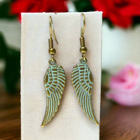 Bronze Angel Wing Earrings with Turquoise Patina 