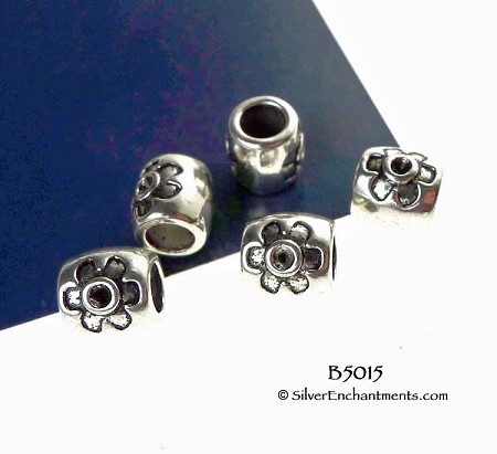 10 Tibetan Silver Large Hole Barrel Beads with Flower 