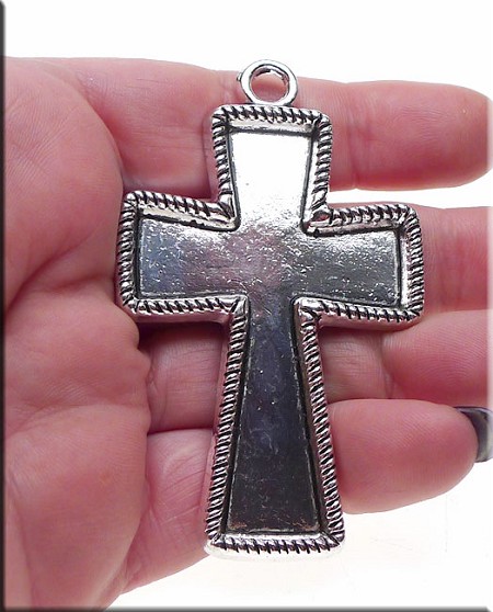 3 Large Pewter Bezel Cross Pendant with Rope Edge 