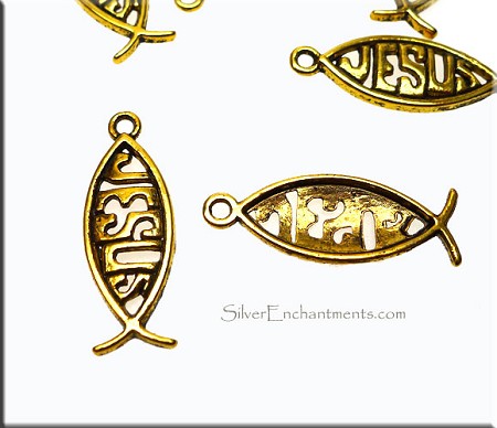 10 Gold Christian Jesus Fish Charms-Pendants 