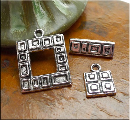 Square Geometric Toggle Clasps with Matching Charms Antique Silver Wholesale Bulk (10) 