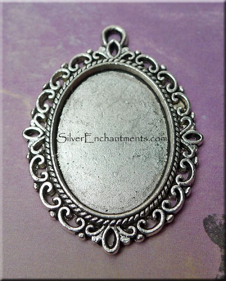 6 Silver Fancy Oval Bezel Pendants with Scroll Edge 