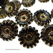 12mm Black with Gold Accents Czech Glass 2-hole Flower Beads 