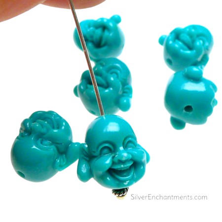 6 Turquoise Laughing Buddha Focal Pendant Beads 