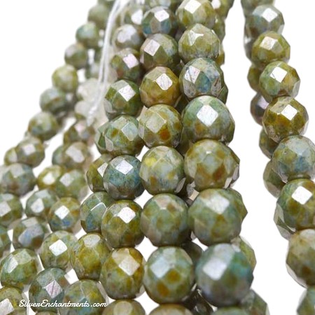 8mm Opaque Green Luster Fire Polished Czech Glass Beads 