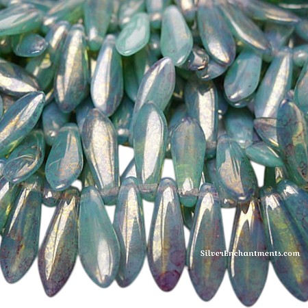16mm Pink Topaz Luster Milky Green Turquoise Czech Glass Dagger Beads  
