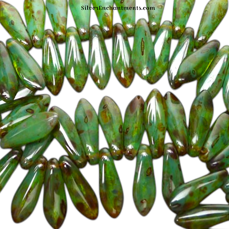 Milky Green Turquoise Picasso Czech Glass Dagger Beads 