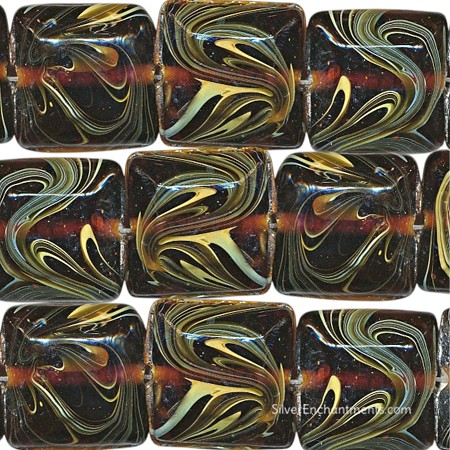 7x10mm Amber Topaz Swirl Faceted Square Glass Beads 