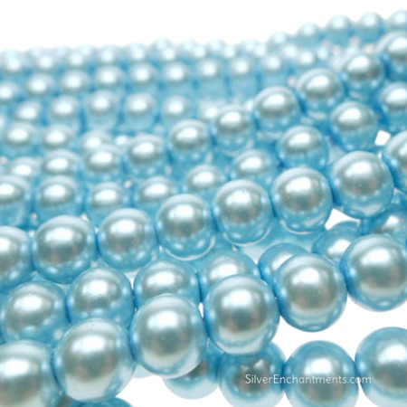 8mm Round Light Blue Glass Pearls 