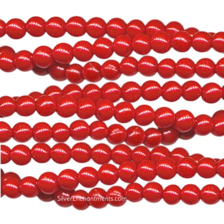 4mm Round Bright Red Glass Pearls 