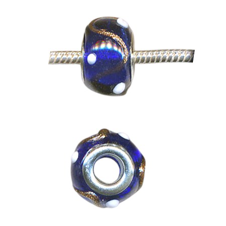 14mm Cobalt Blue with Metallic Ribbon and Dots Glass Large Hole Beads 