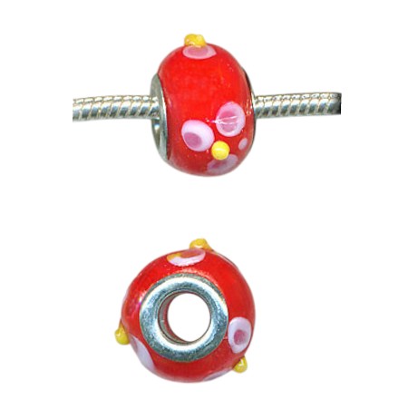 15mm Red Orange with Multicolor Deco Flowers Glass Large Hole Beads 