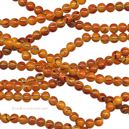 6mm Round Orange with Black Swirl Glass Beads 