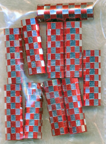 Red and Silver Check Print Large Hole Tube Beads, Bulk 10pc 