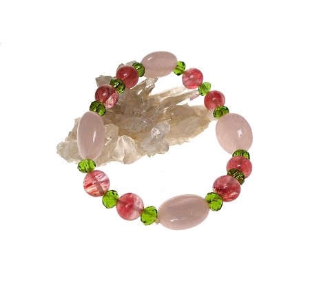 Rose Quartz Bracelet with Cherry Quartz, Beaded Gemstone Stretch Bracelet 