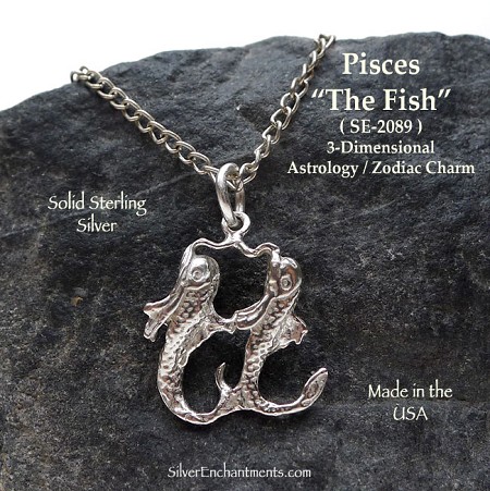 Sterling Silver Pisces Charm, The Fish Astrology Jewelry 