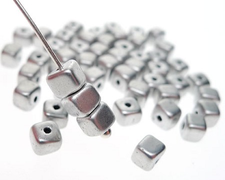 Czech Glass Beads, Silver Brick-Cube Beads (50) 