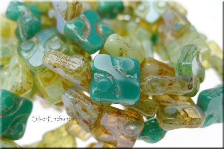 Czech Glass Beads, Mixed Green Carved Tile Picasso Edge Beads, 10mm 